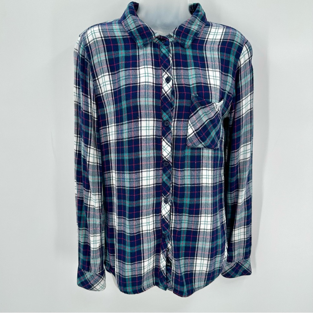 3/$15 RAILS Shirt Size XS Navy Teal Plaid Flannel Button Down Rayon Top -READ